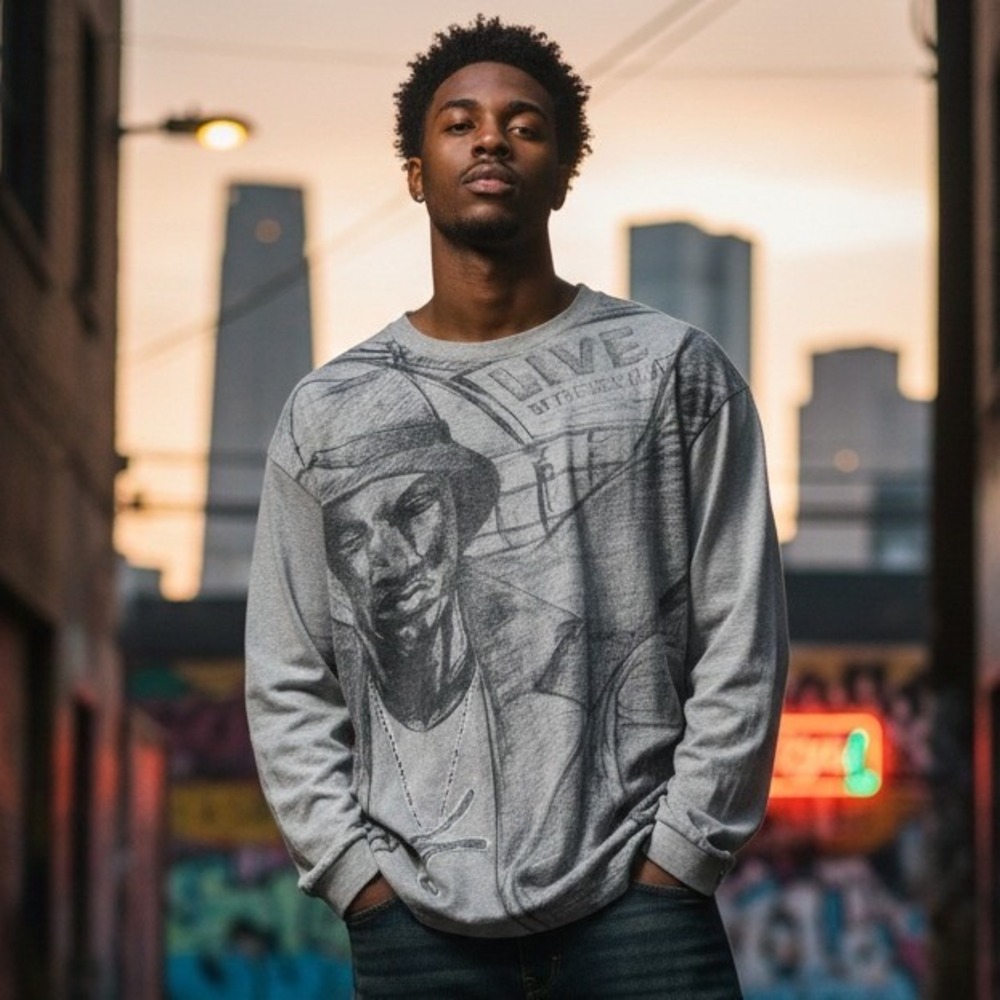 Life Clothing Graphic Print Long Sleeve T-Shirt Mens Size XL Grey Sketch Art Y2K